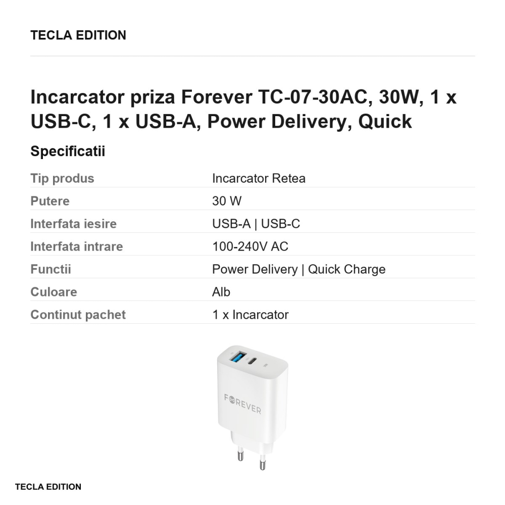 Incarcator priza Forever TC-07-30AC, 30W, 1 x USB-C, 1 x USB-A, Power Delivery, Quick Charge, Alb [3]