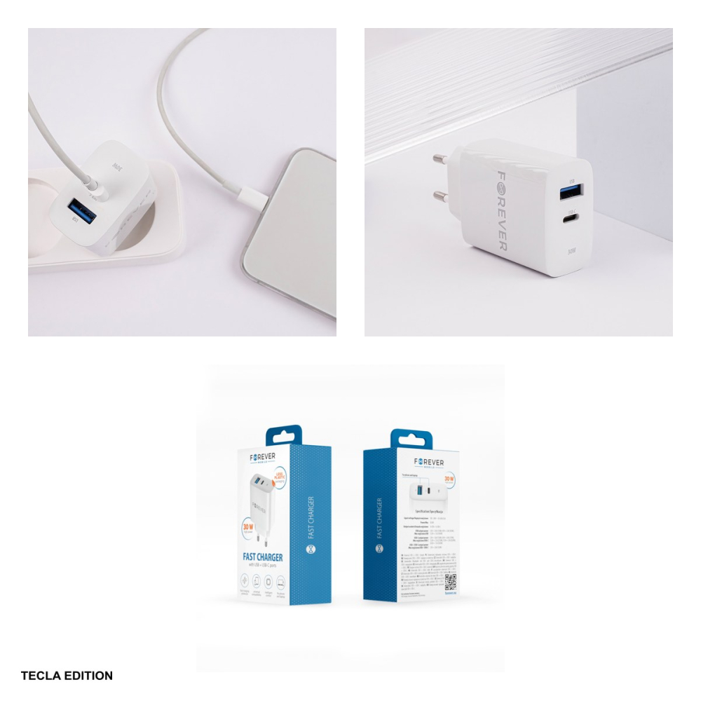 Incarcator priza Forever TC-07-30AC, 30W, 1 x USB-C, 1 x USB-A, Power Delivery, Quick Charge, Alb [5]