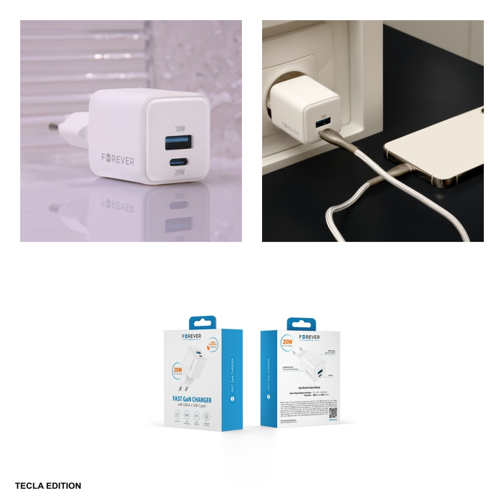 Incarcator priza Forever TC-08-20AC, 20W, 1 x USB-C, 1 x USB-A, Power Delivery, Quick Charge, GaN, Alb [5]