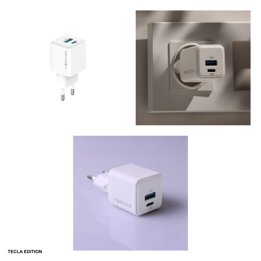 Incarcator priza Forever TC-08-20AC, 20W, 1 x USB-C, 1 x USB-A, Power Delivery, Quick Charge, GaN, Alb [4]