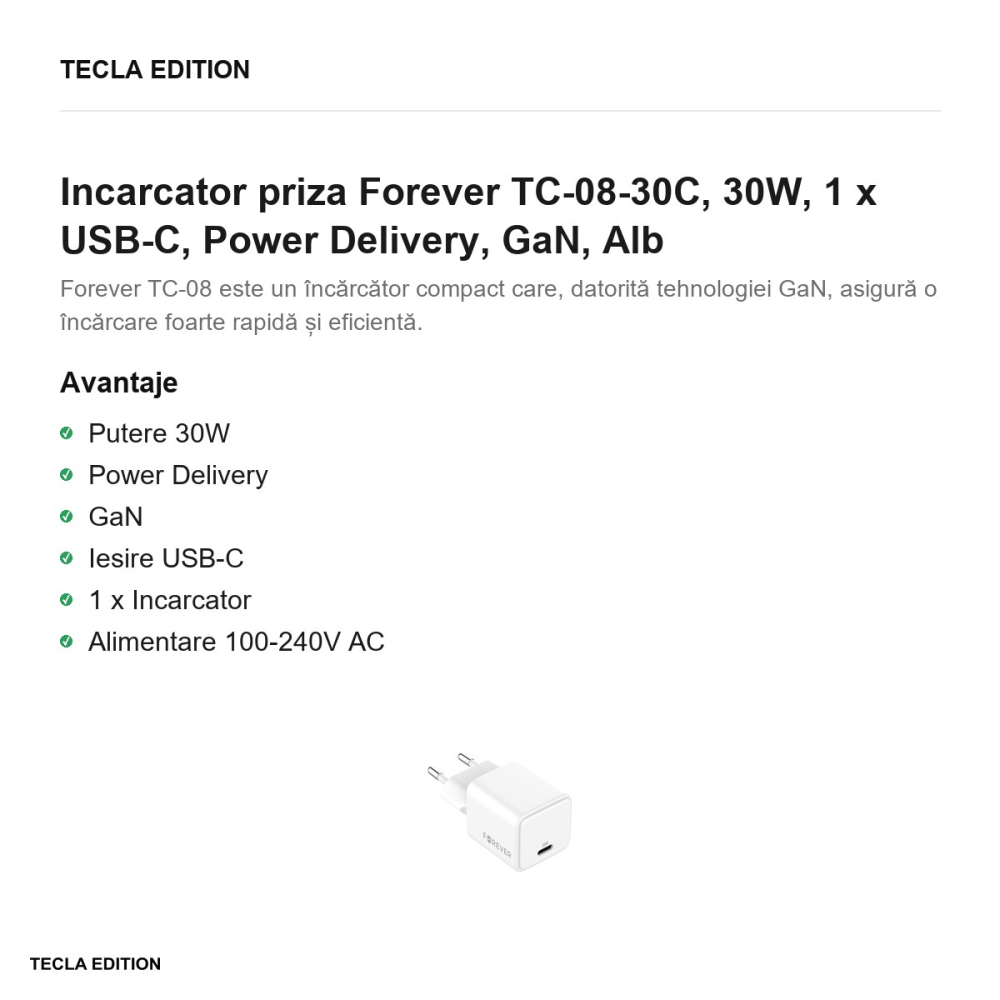 Incarcator priza Forever TC-08-30C, 30W, 1 x USB-C, Power Delivery, GaN, Alb [2]