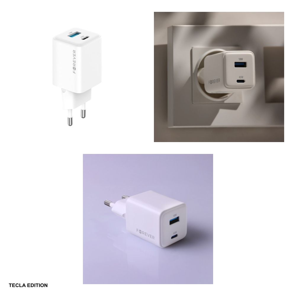 Incarcator priza Forever TC-08-45AC, 45W, 1 x USB-C, 1 x USB-A, Power Delivery, Quick Charge, GaN, Alb [4]