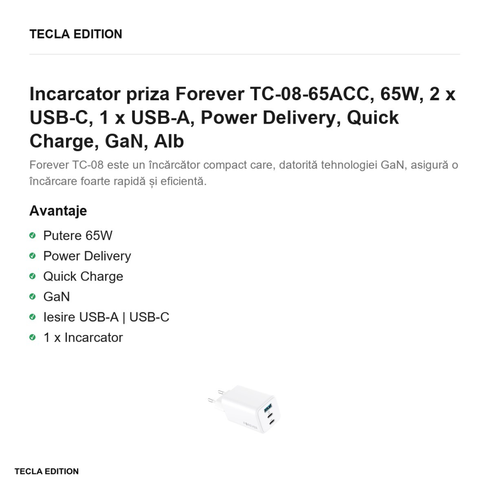 Incarcator priza Forever TC-08-65ACC, 65W, 2 x USB-C, 1 x USB-A, Power Delivery, Quick Charge, GaN, Alb [2]