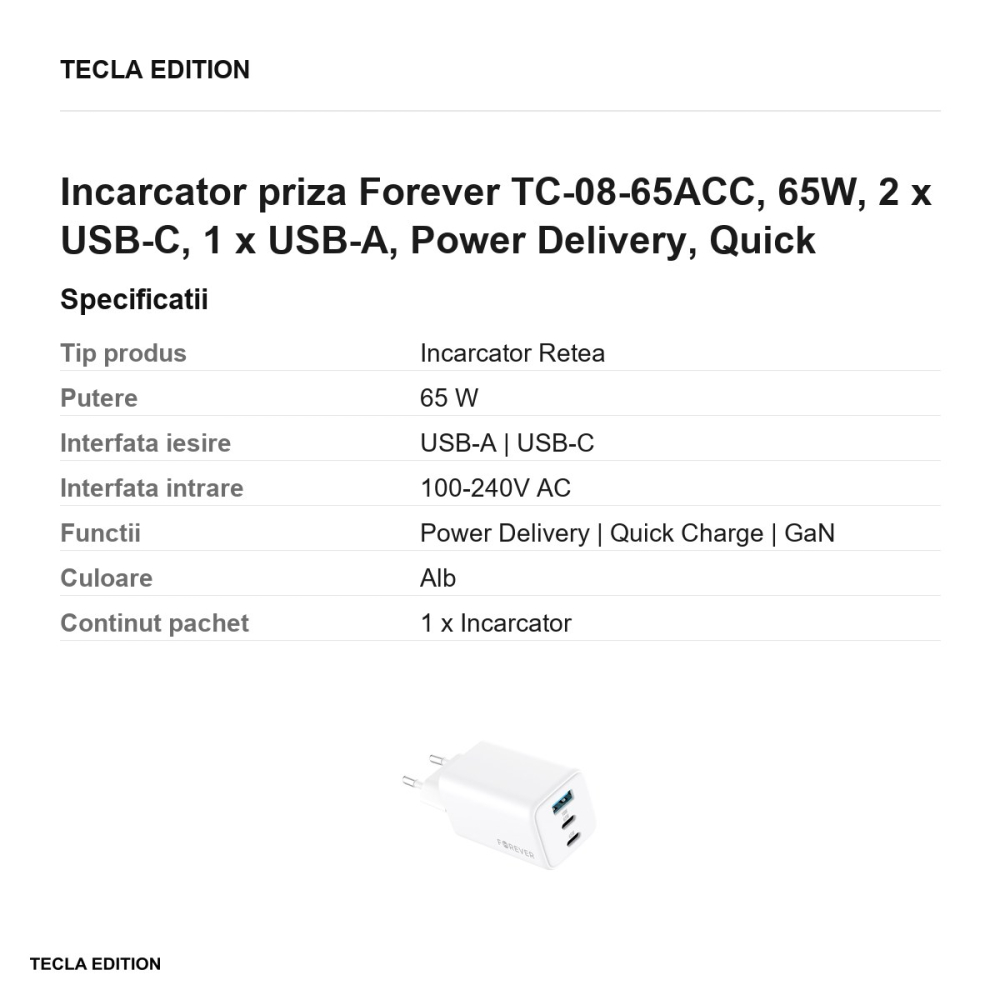 Incarcator priza Forever TC-08-65ACC, 65W, 2 x USB-C, 1 x USB-A, Power Delivery, Quick Charge, GaN, Alb [3]