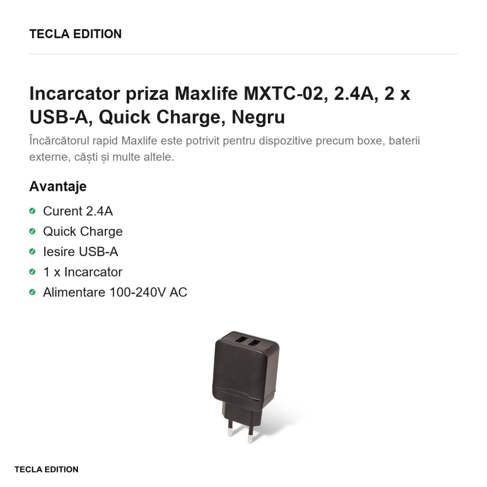 Incarcator priza Maxlife MXTC-02, 2.4A, 2 x USB-A, Quick Charge, Negru [2]