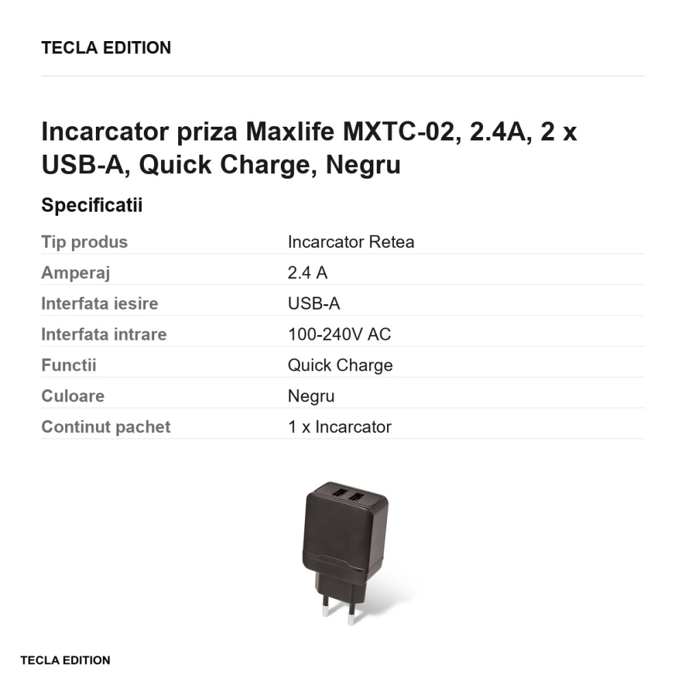 Incarcator priza Maxlife MXTC-02, 2.4A, 2 x USB-A, Quick Charge, Negru [3]