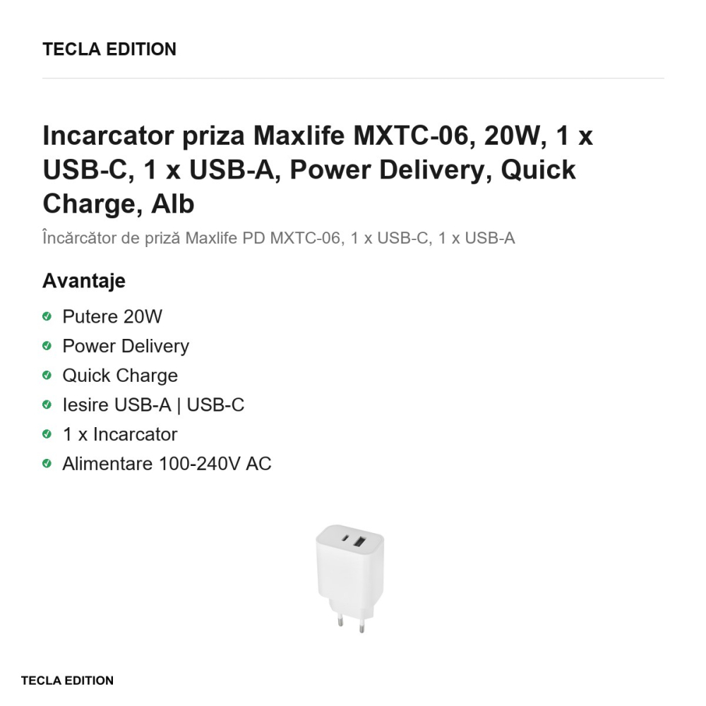 Incarcator priza Maxlife MXTC-06, 20W, 1 x USB-C, 1 x USB-A, Power Delivery, Quick Charge, Alb [2]