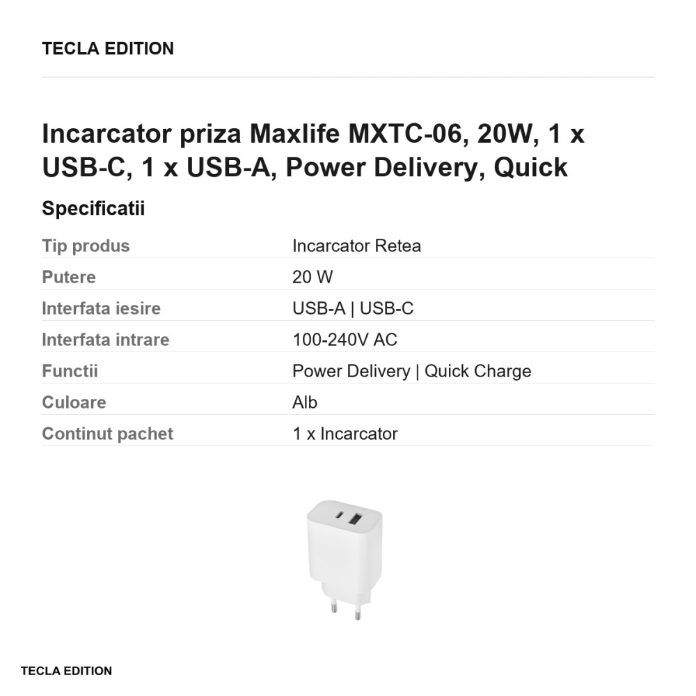 Incarcator priza Maxlife MXTC-06, 20W, 1 x USB-C, 1 x USB-A, Power Delivery, Quick Charge, Alb [3]