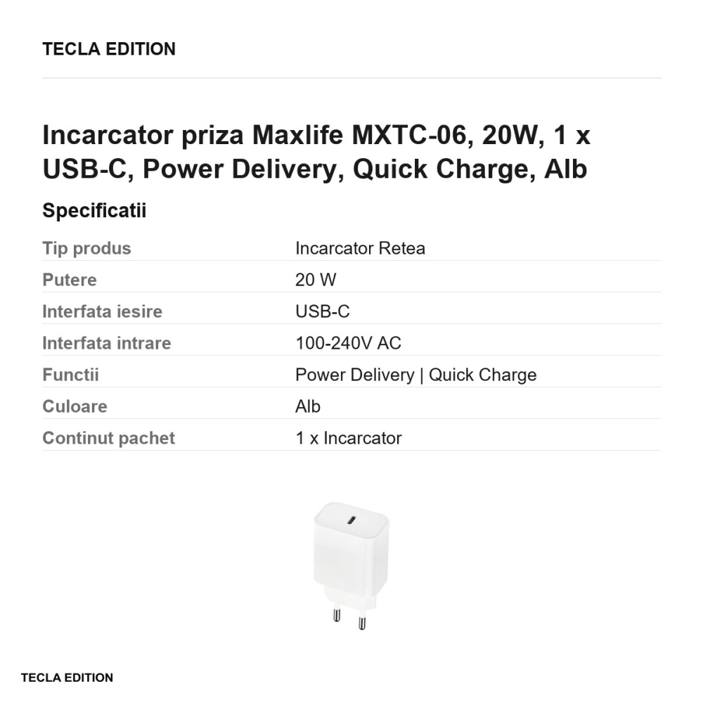 Incarcator priza Maxlife MXTC-06, 20W, 1 x USB-C, Power Delivery, Quick Charge, Alb [3]