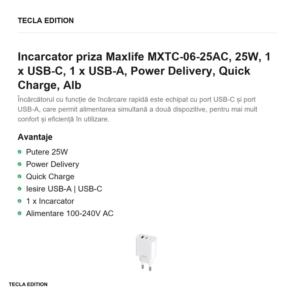 Incarcator priza Maxlife MXTC-06-25AC, 25W, 1 x USB-C, 1 x USB-A, Power Delivery, Quick Charge, Alb [2]