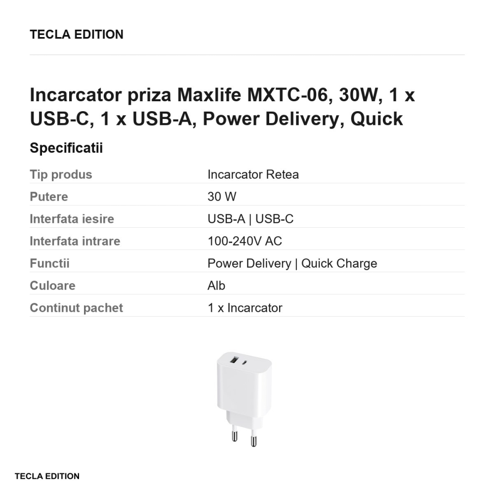 Incarcator priza Maxlife MXTC-06, 30W, 1 x USB-C, 1 x USB-A, Power Delivery, Quick Charge, Alb [3]