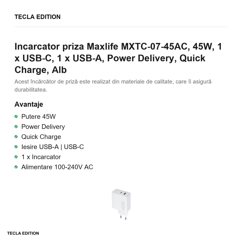 Incarcator priza Maxlife MXTC-07-45AC, 45W, 1 x USB-C, 1 x USB-A, Power Delivery, Quick Charge, Alb [2]