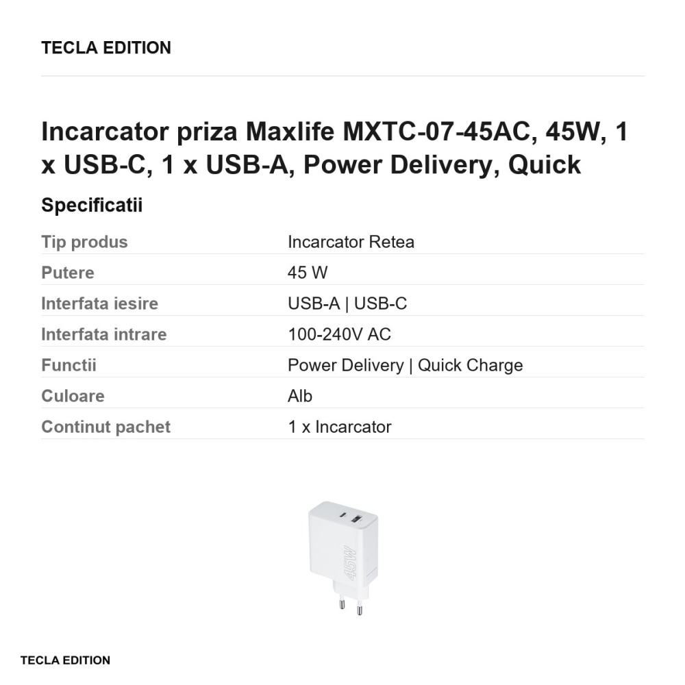 Incarcator priza Maxlife MXTC-07-45AC, 45W, 1 x USB-C, 1 x USB-A, Power Delivery, Quick Charge, Alb [3]
