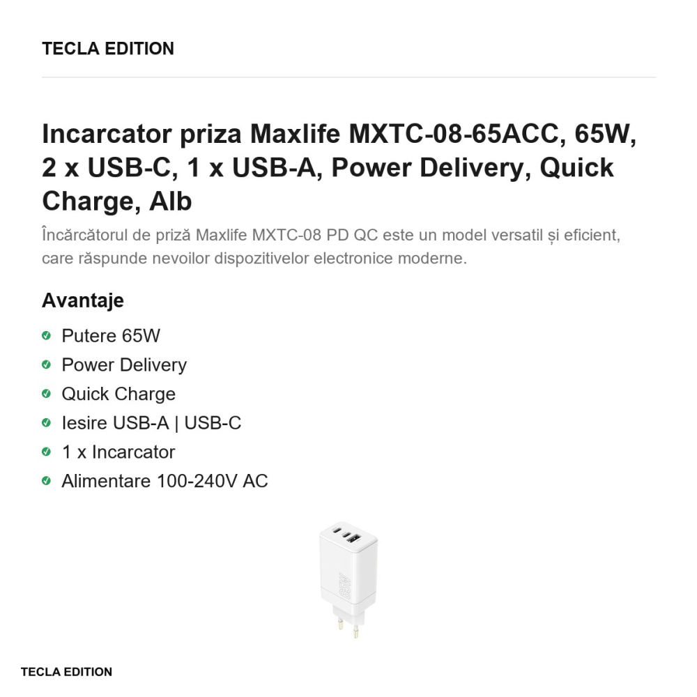 Incarcator priza Maxlife MXTC-08-65ACC, 65W, 2 x USB-C, 1 x USB-A, Power Delivery, Quick Charge, Alb [2]