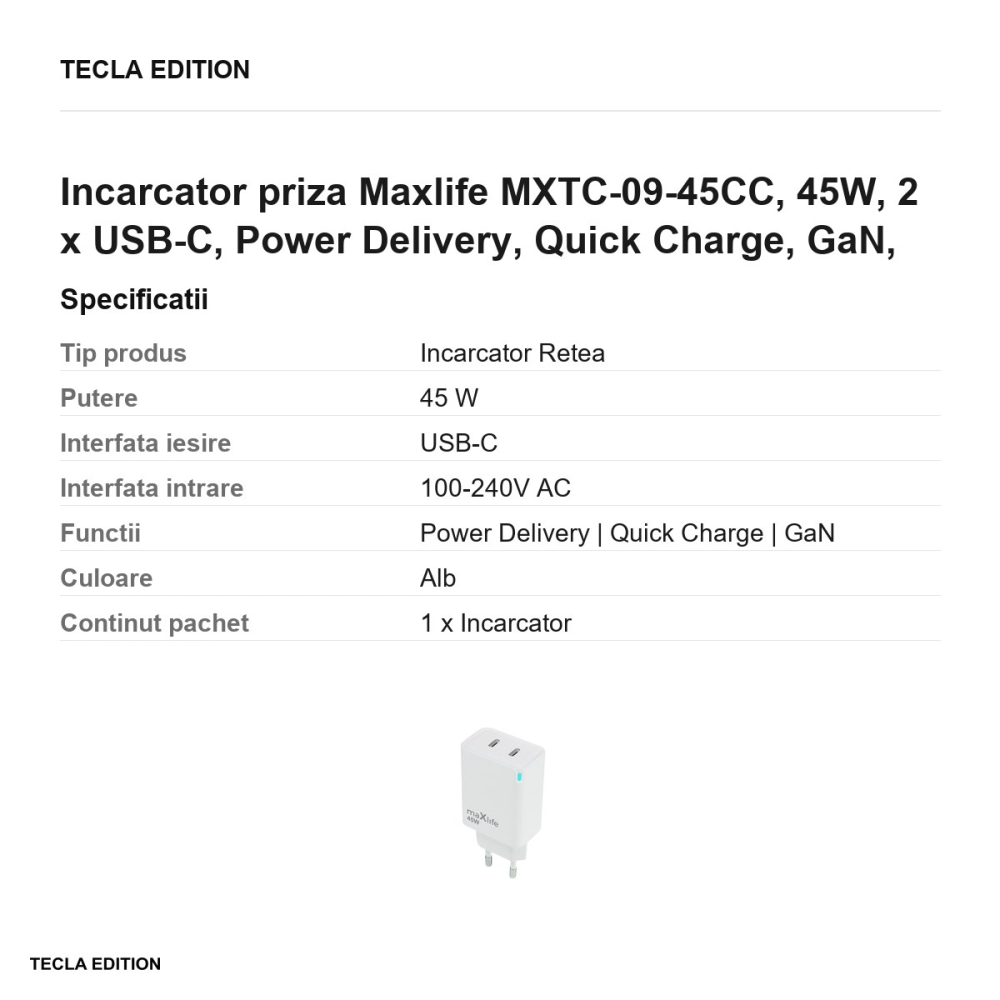Incarcator priza Maxlife MXTC-09-45CC, 45W, 2 x USB-C, Power Delivery, Quick Charge, GaN, Alb [3]