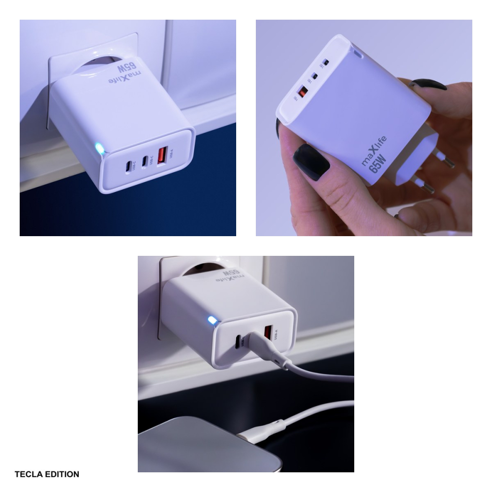 Incarcator priza Maxlife MXTC-09-65ACC, 65W, 2 x USB-C, 1 x USB-A, Power Delivery, Quick Charge, GaN, Alb [4]