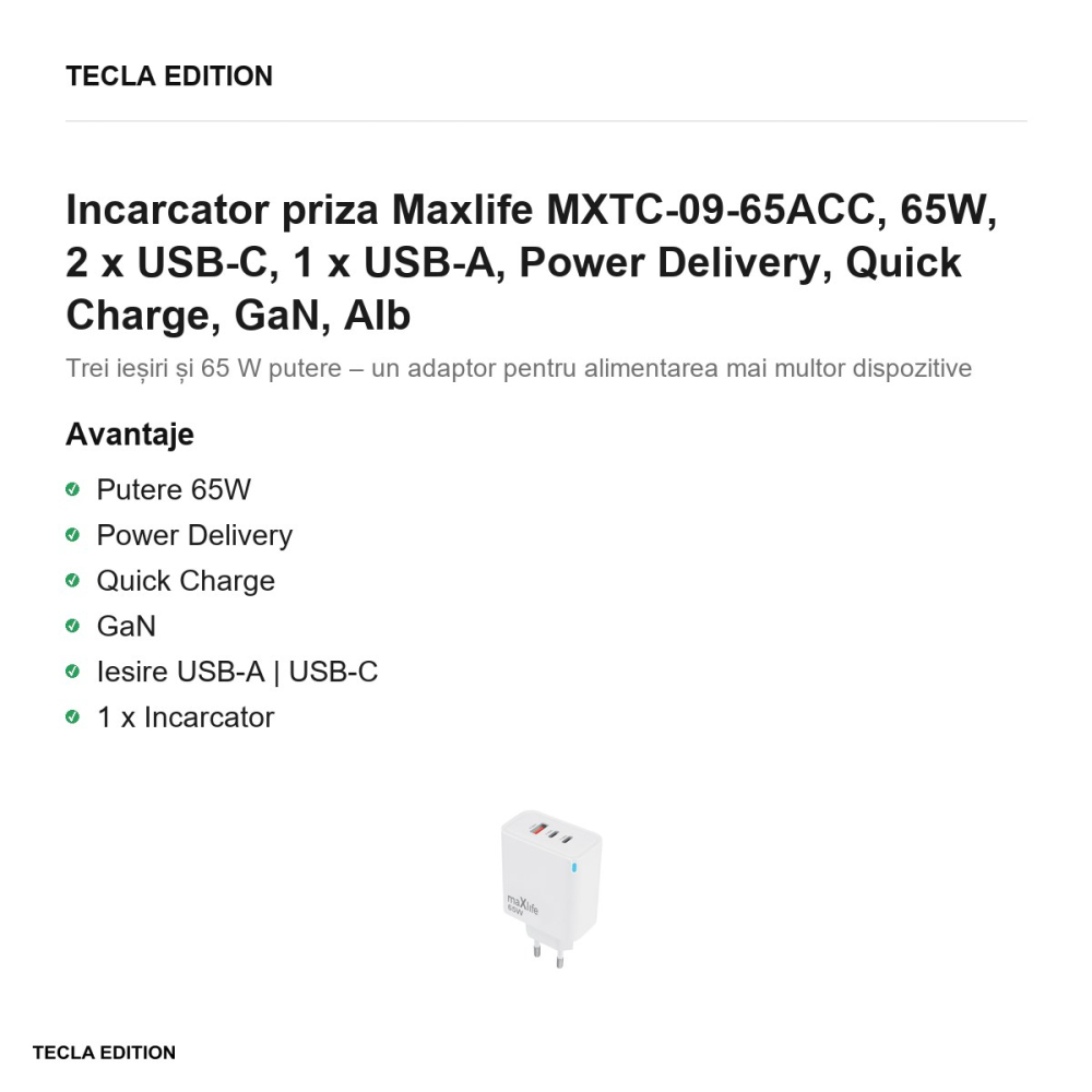 Incarcator priza Maxlife MXTC-09-65ACC, 65W, 2 x USB-C, 1 x USB-A, Power Delivery, Quick Charge, GaN, Alb [2]