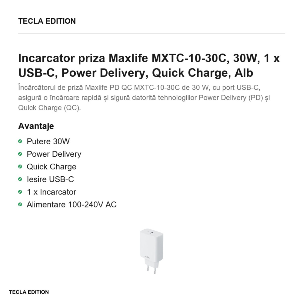 Incarcator priza Maxlife MXTC-10-30C, 30W, 1 x USB-C, Power Delivery, Quick Charge, Alb [2]