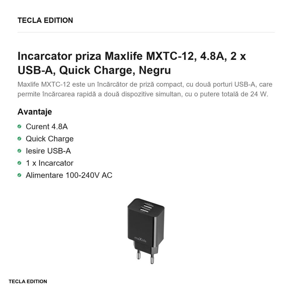Incarcator priza Maxlife MXTC-12, 4.8A, 2 x USB-A, Quick Charge, Negru [2]
