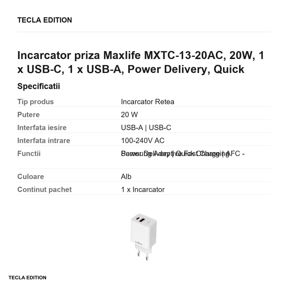Incarcator priza Maxlife MXTC-13-20AC, 20W, 1 x USB-C, 1 x USB-A, Power Delivery, Quick Charge, Alb [3]