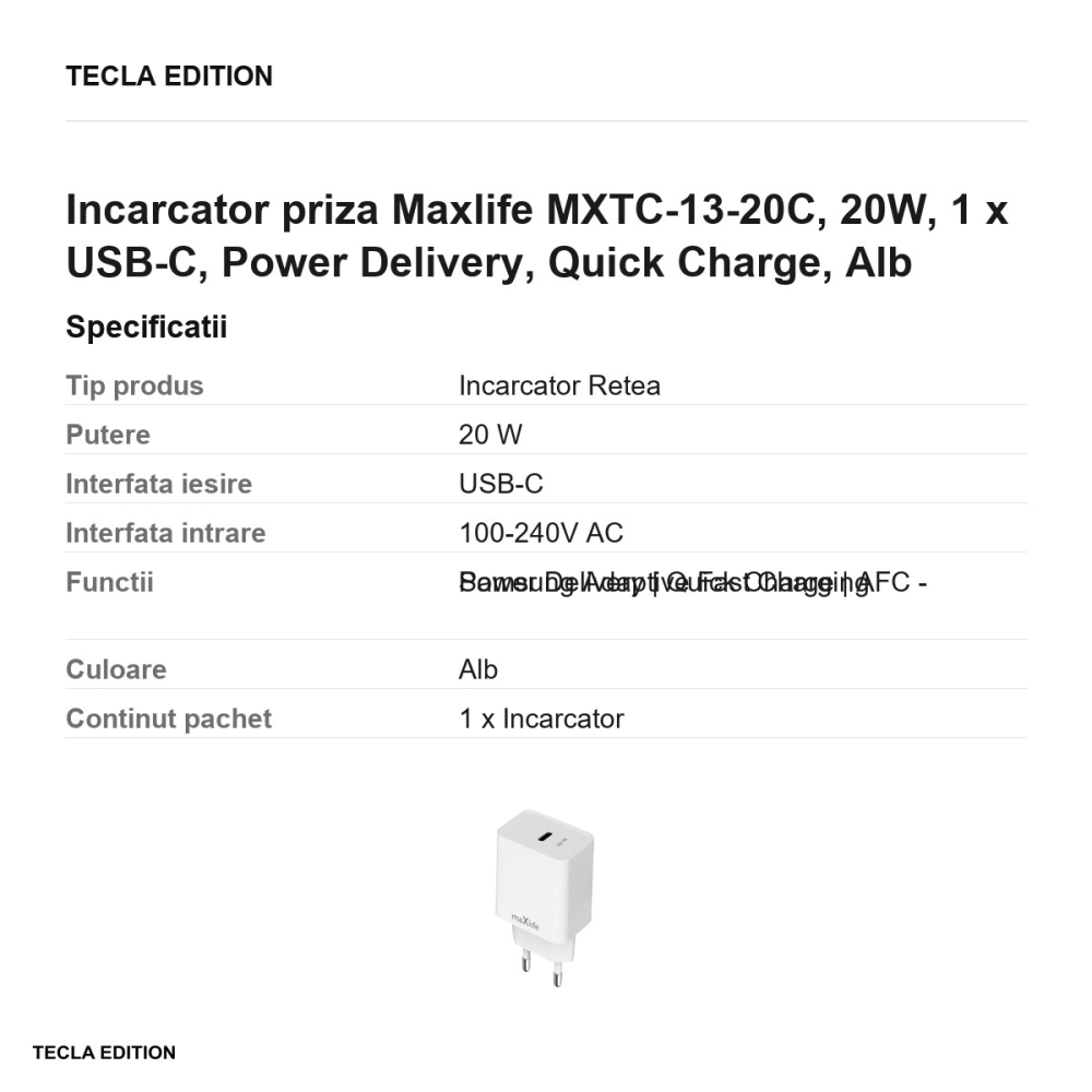 Incarcator priza Maxlife MXTC-13-20C, 20W, 1 x USB-C, Power Delivery, Quick Charge, Alb [3]