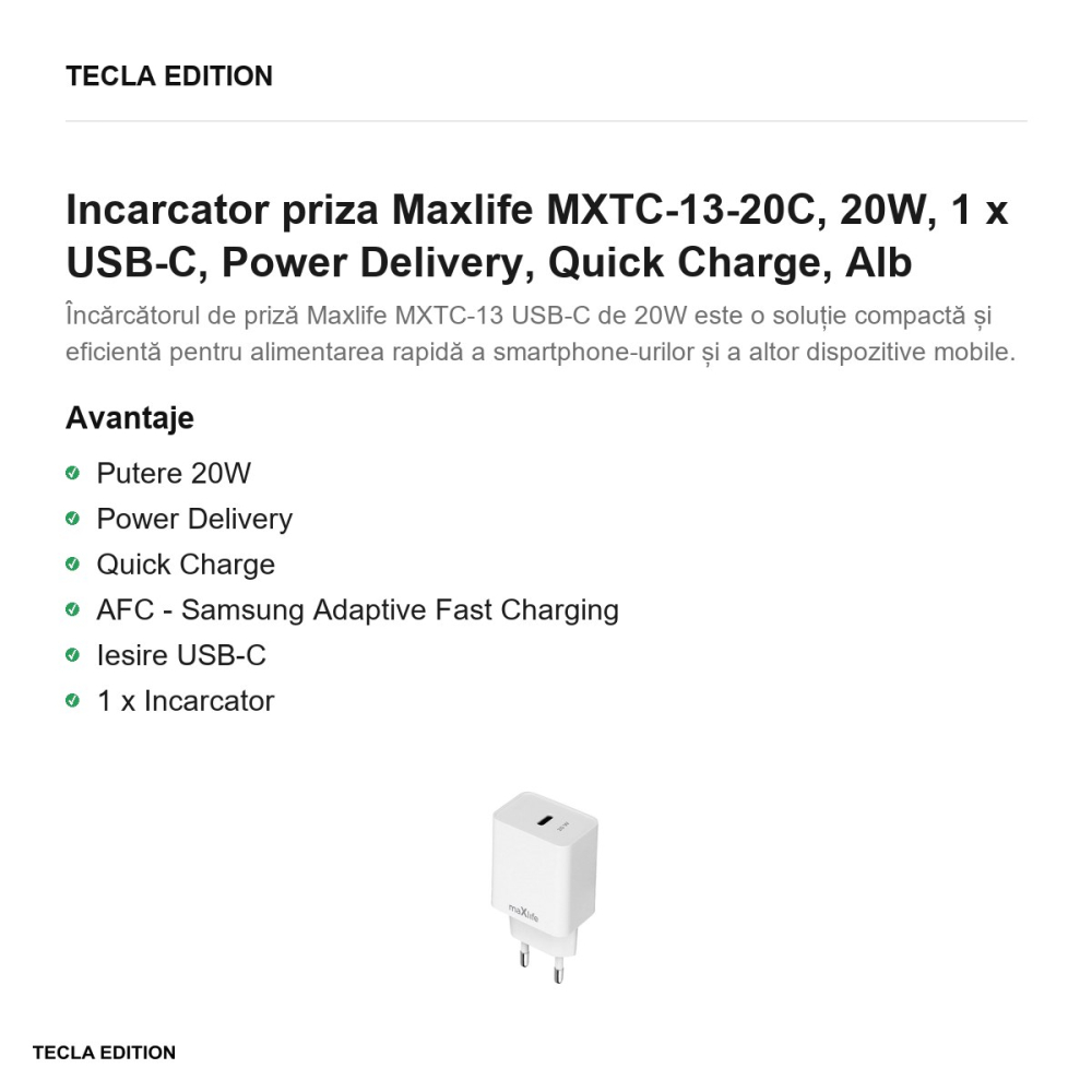 Incarcator priza Maxlife MXTC-13-20C, 20W, 1 x USB-C, Power Delivery, Quick Charge, Alb [2]