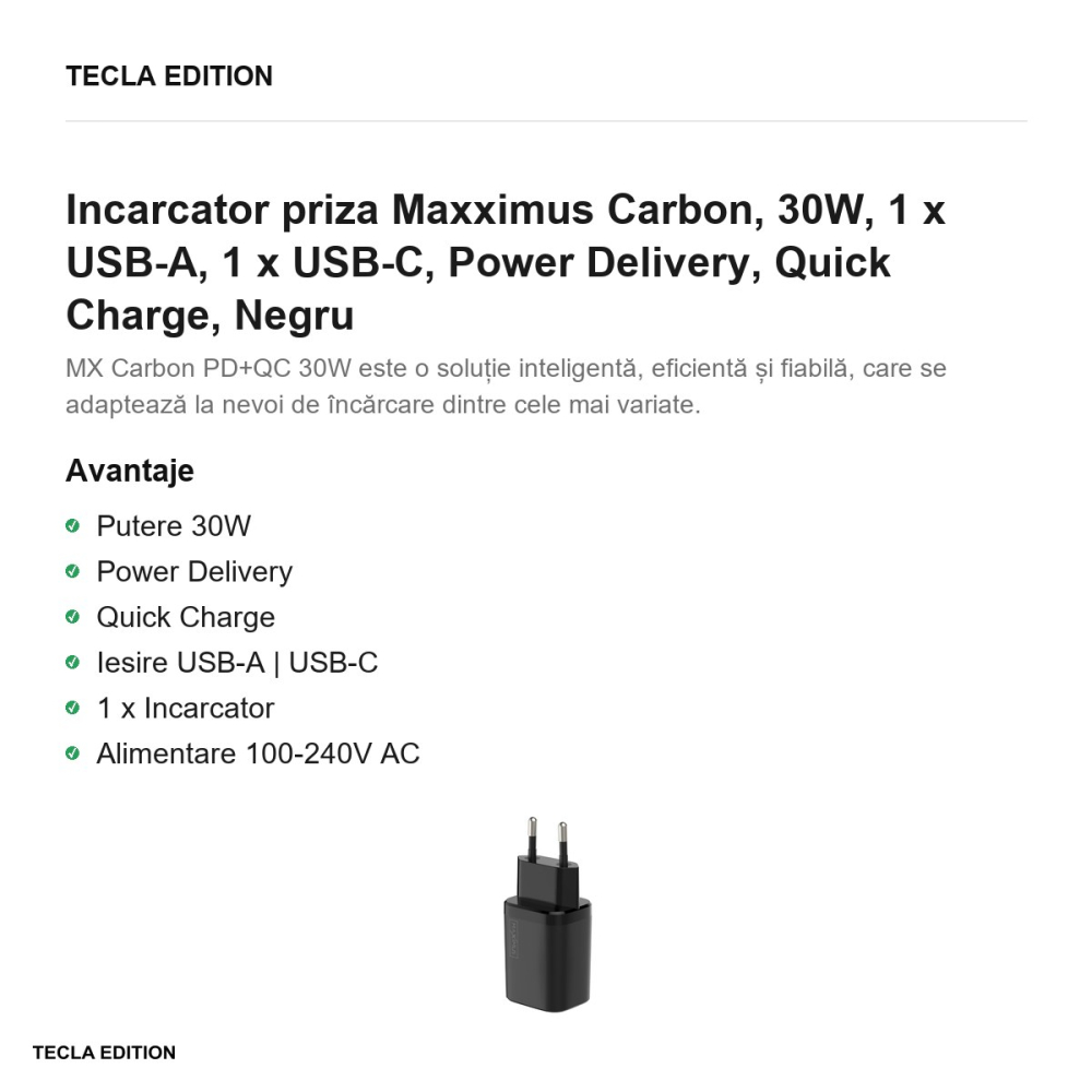 Incarcator priza Maxximus Carbon, 30W, 1 x USB-A, 1 x USB-C, Power Delivery, Quick Charge, Negru [2]