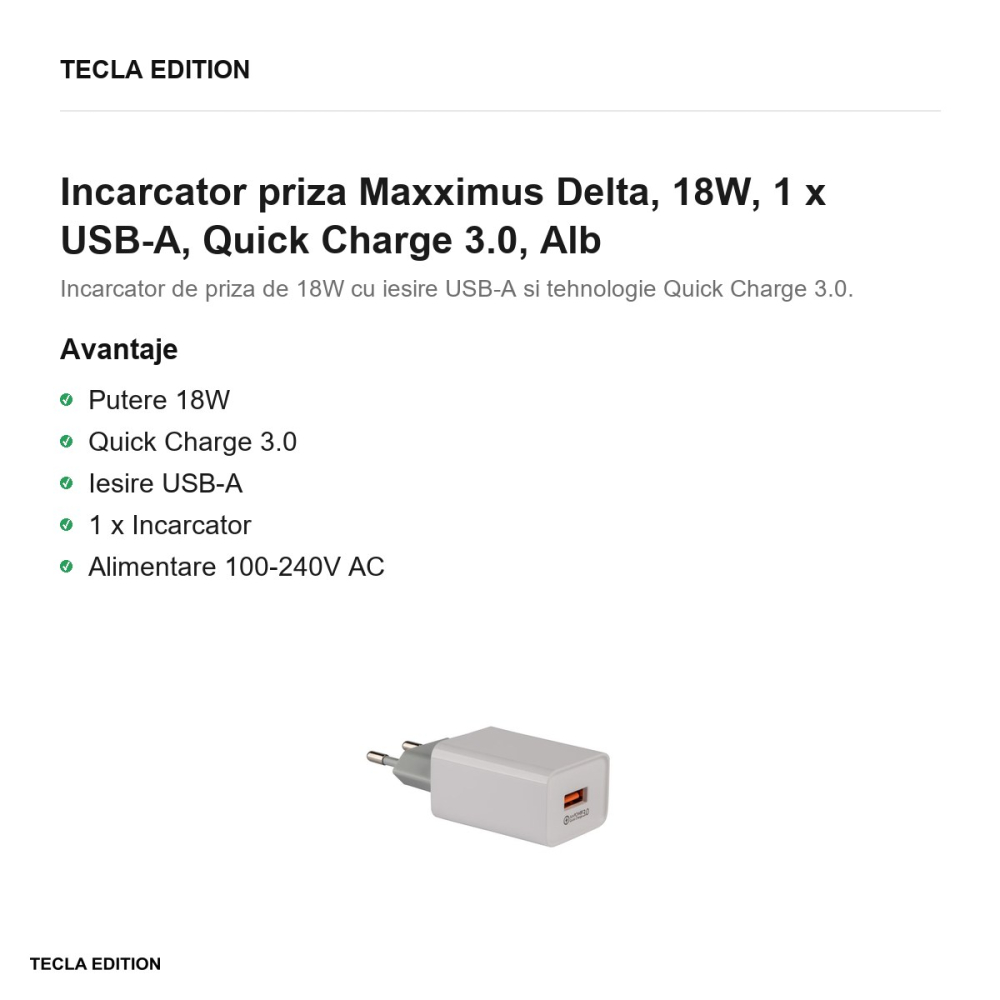 Incarcator priza Maxximus Delta, 18W, 1 x USB-A, Quick Charge 3.0, Alb [2]