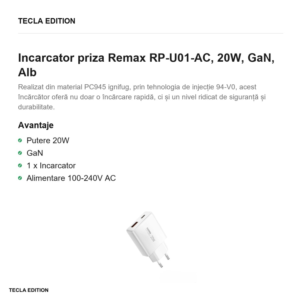 Incarcator priza Remax RP-U01-AC, 20W, GaN, Alb [2]