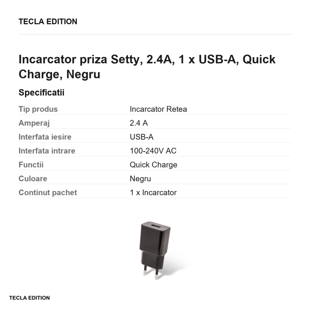 Incarcator priza Setty, 2.4A, 1 x USB-A, Quick Charge, Negru [3]