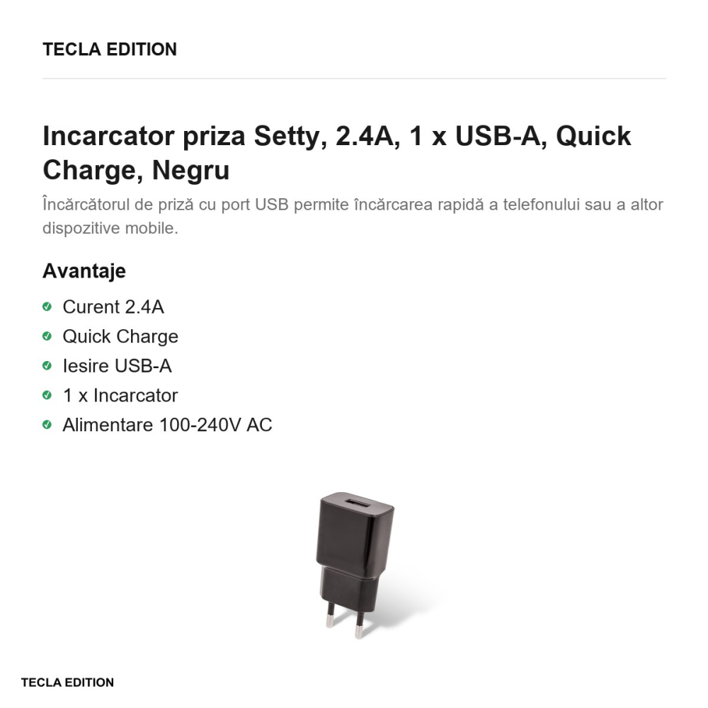 Incarcator priza Setty, 2.4A, 1 x USB-A, Quick Charge, Negru [2]