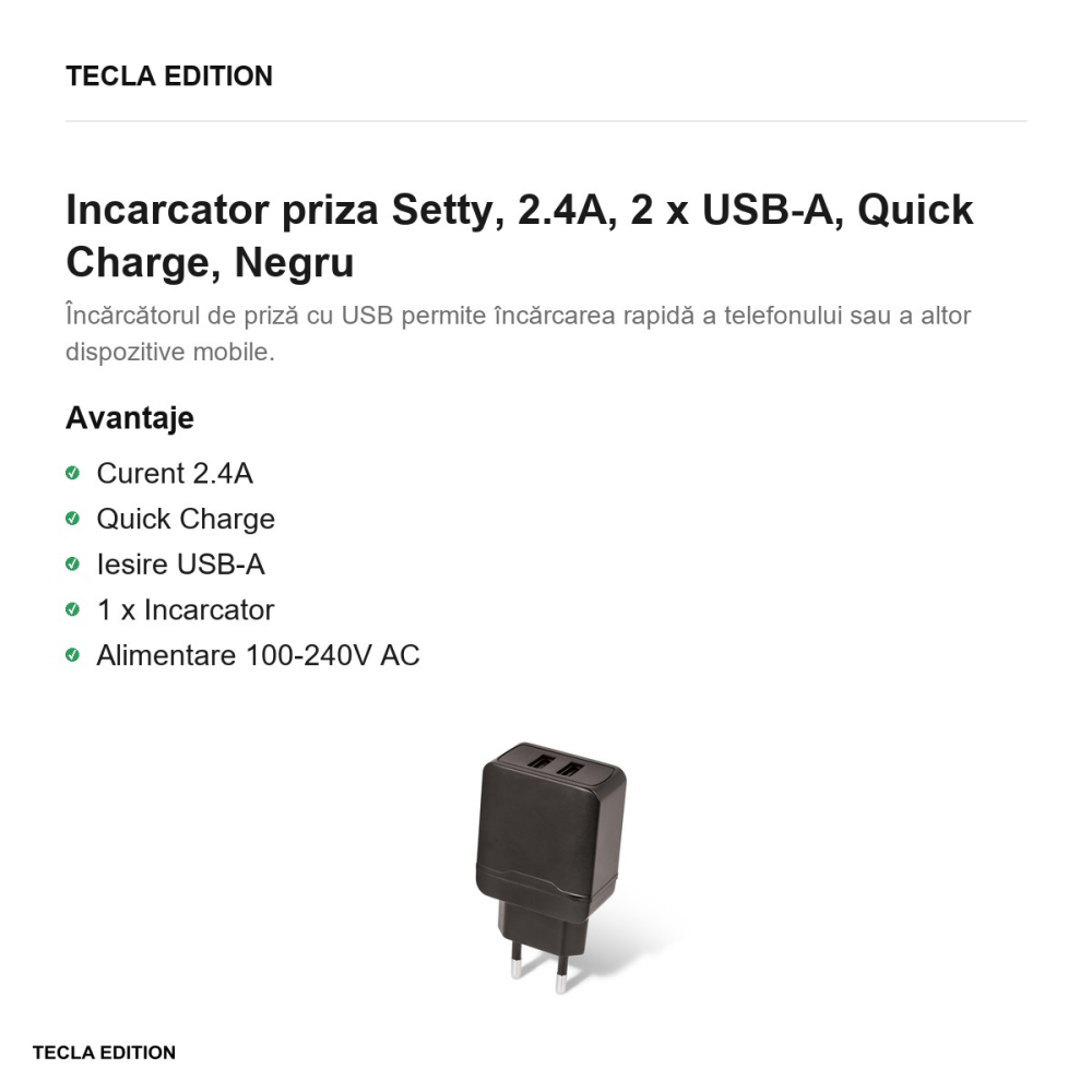 Incarcator priza Setty, 2.4A, 2 x USB-A, Quick Charge, Negru [2]