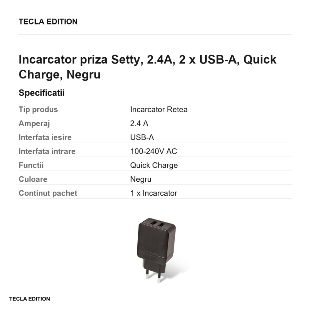 Incarcator priza Setty, 2.4A, 2 x USB-A, Quick Charge, Negru [3]