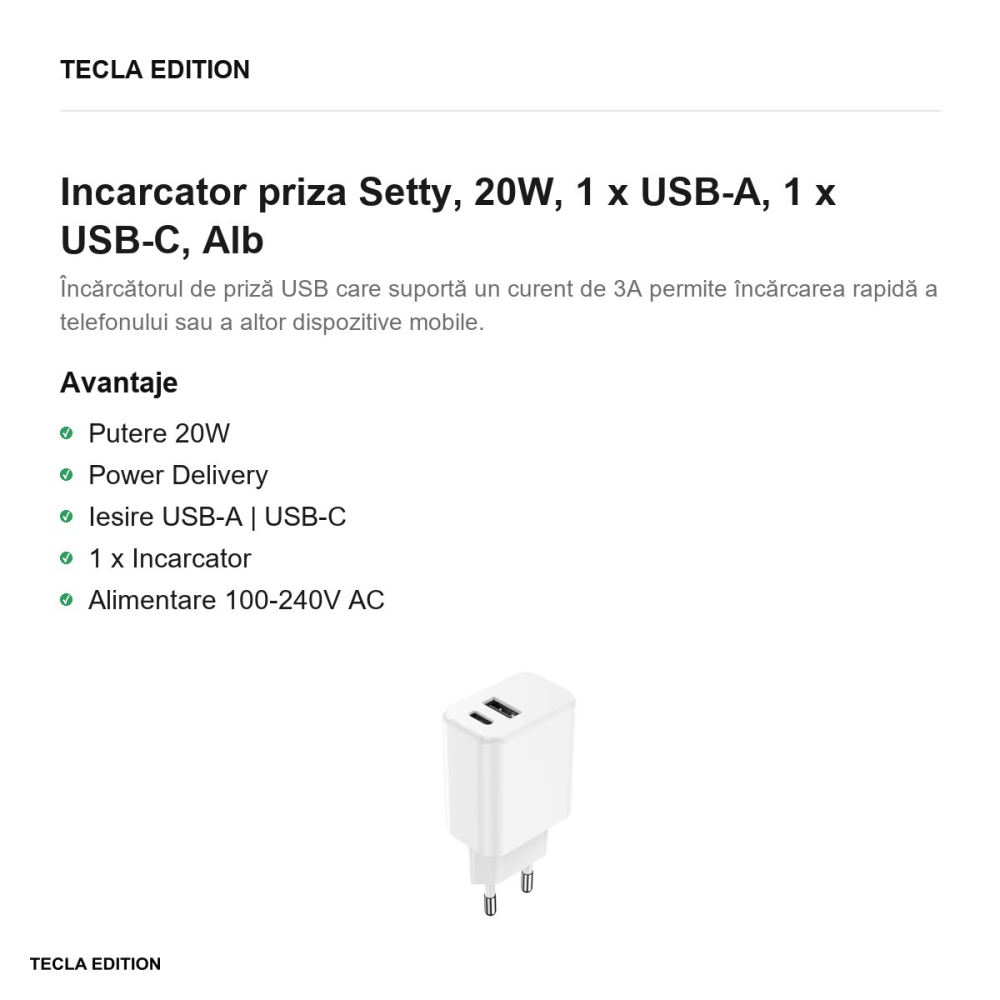 Incarcator priza Setty, 20W, 1 x USB-A, 1 x USB-C, Alb [2]