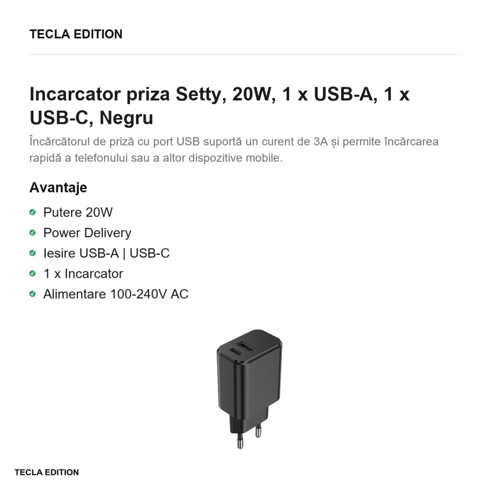 Incarcator priza Setty, 20W, 1 x USB-A, 1 x USB-C, Negru [2]