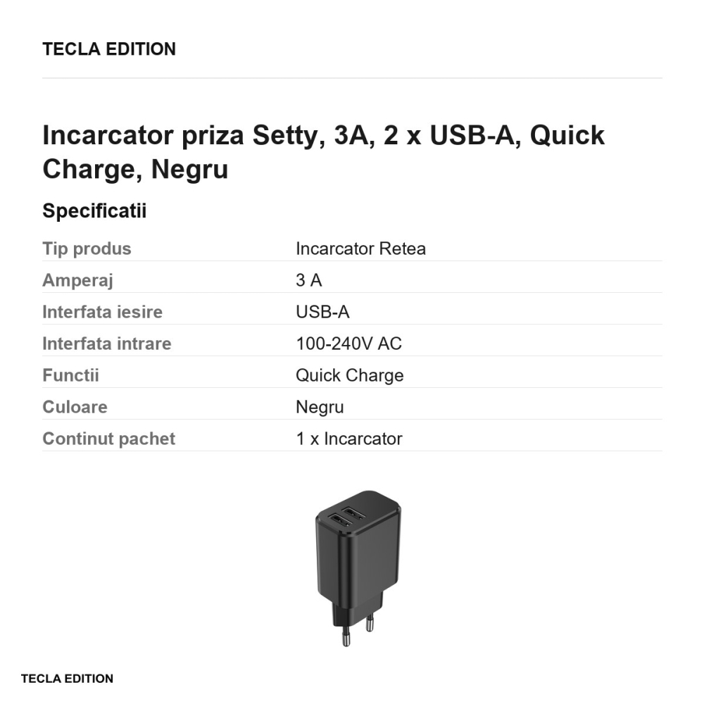 Incarcator priza Setty, 3A, 2 x USB-A, Quick Charge, Negru [3]