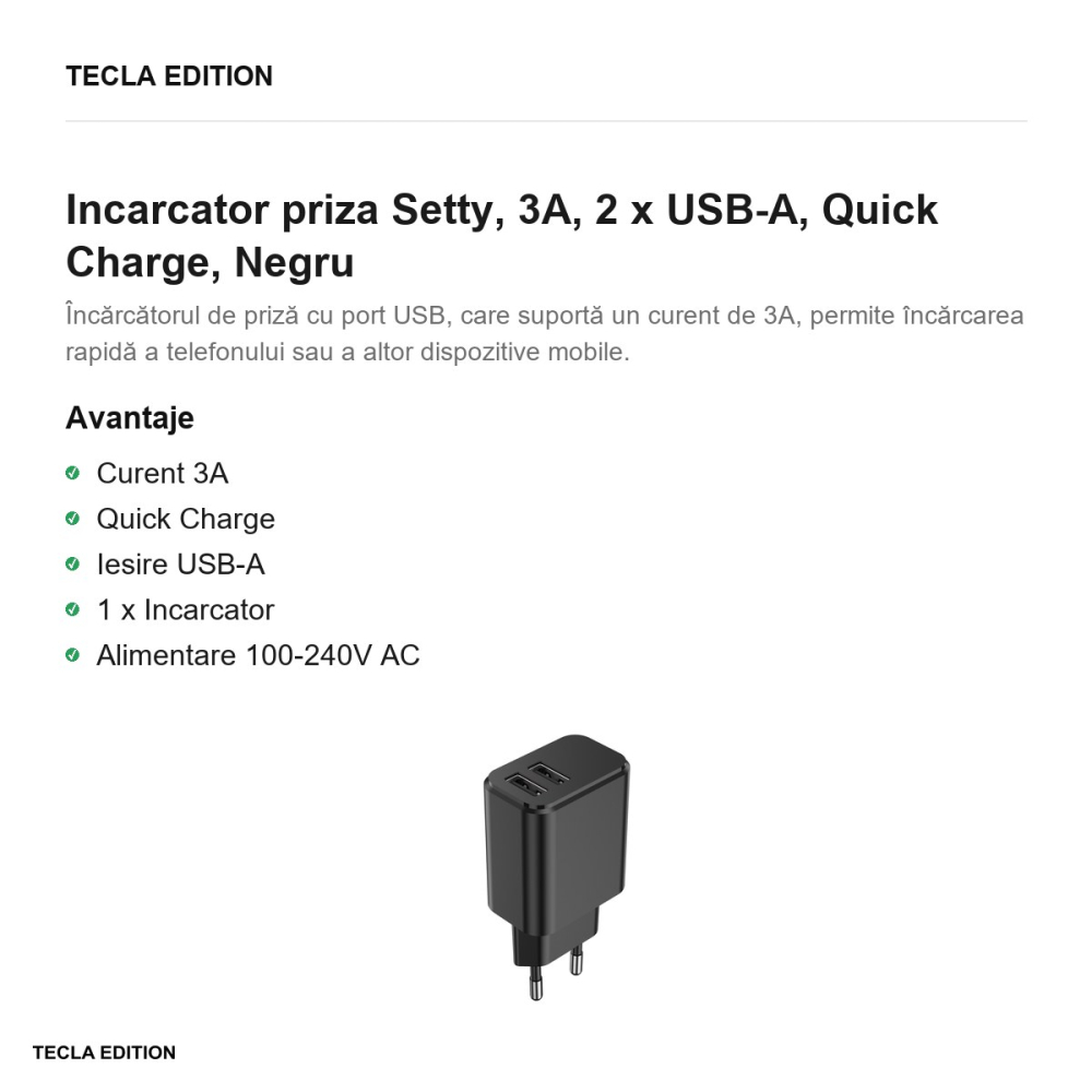 Incarcator priza Setty, 3A, 2 x USB-A, Quick Charge, Negru [2]