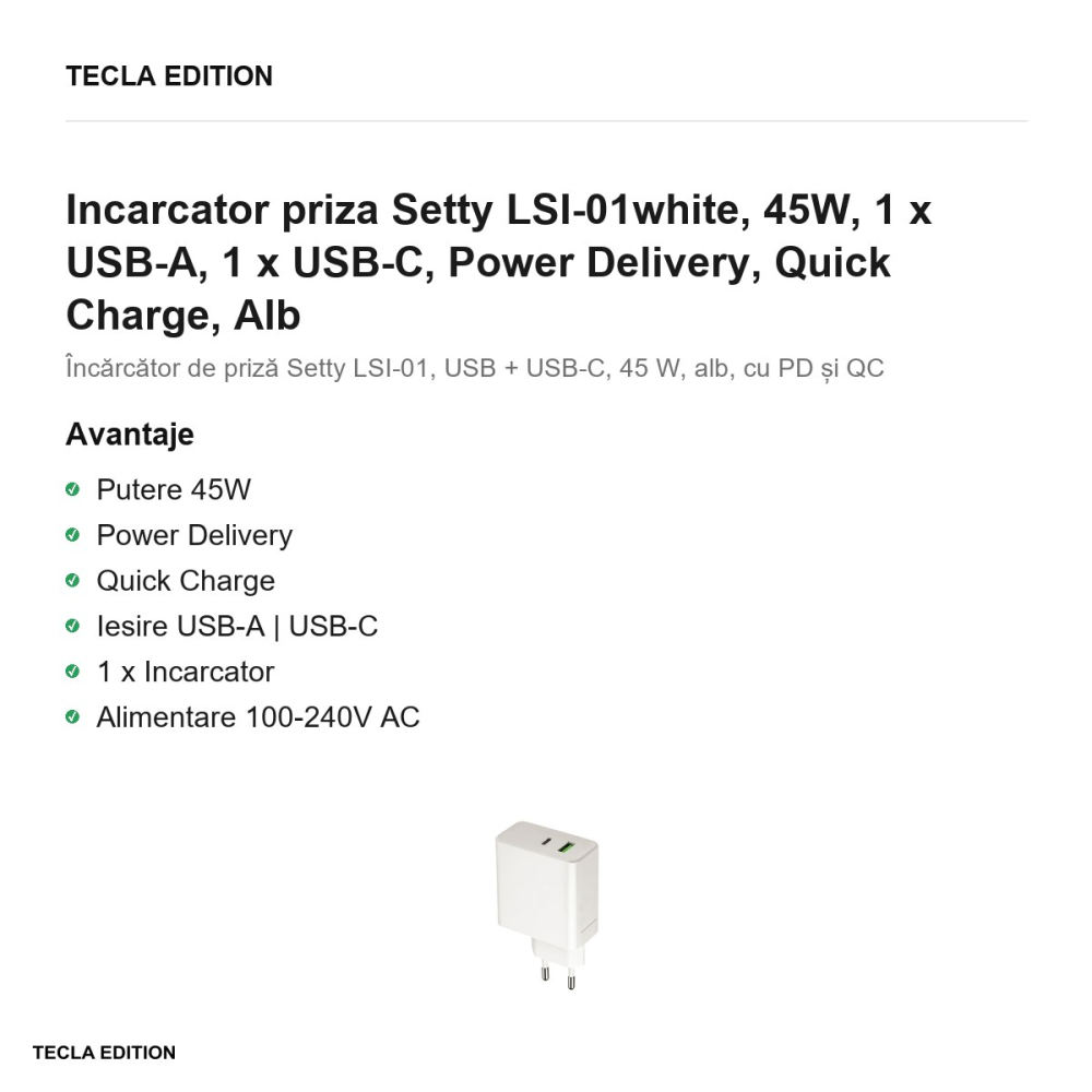 Incarcator priza Setty LSI-01white, 45W, 1 x USB-A, 1 x USB-C, Power Delivery, Quick Charge, Alb [2]