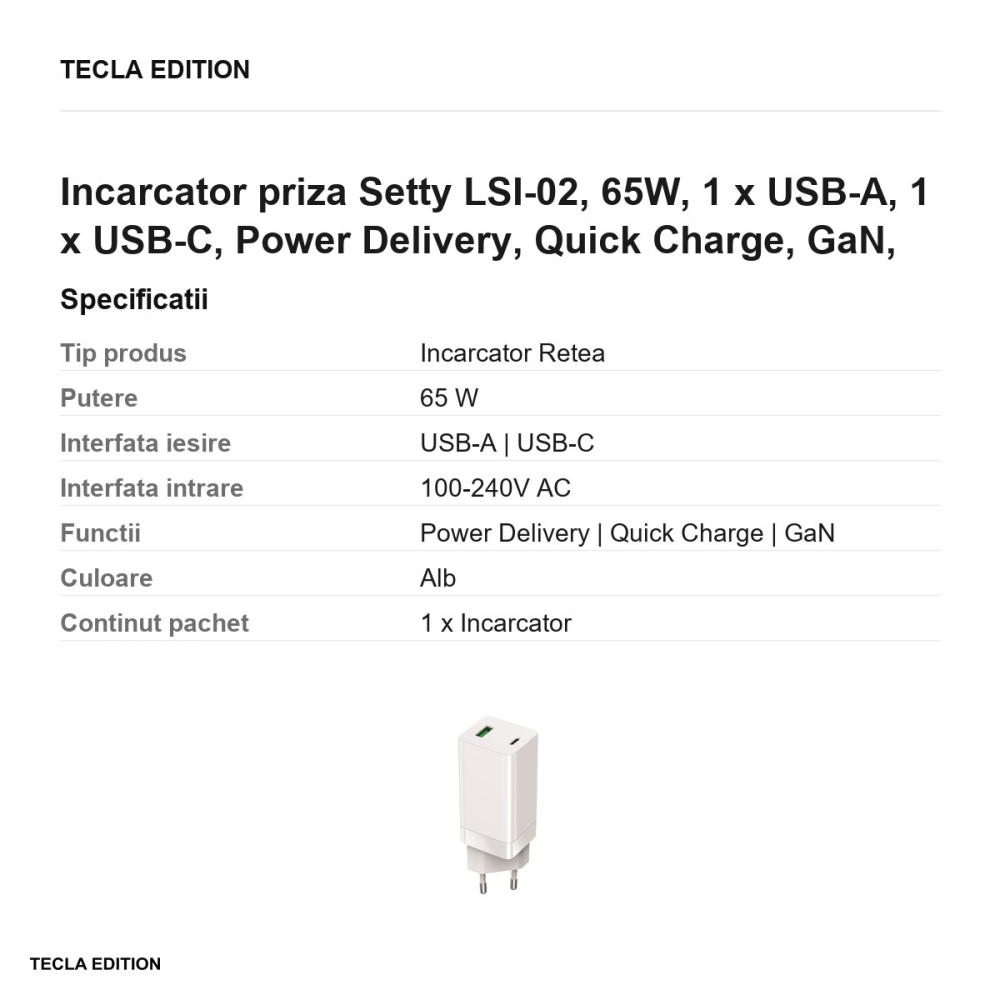 Incarcator priza Setty LSI-02, 65W, 1 x USB-A, 1 x USB-C, Power Delivery, Quick Charge, GaN, Alb [3]