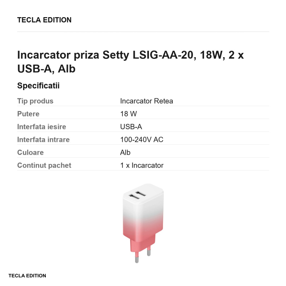Incarcator priza Setty LSIG-AA-20, 18W, 2 x USB-A, Alb-Roz [3]