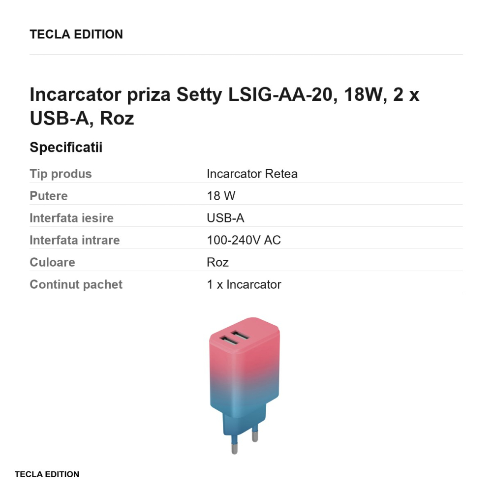 Incarcator priza Setty LSIG-AA-20, 18W, 2 x USB-A, Roz [3]