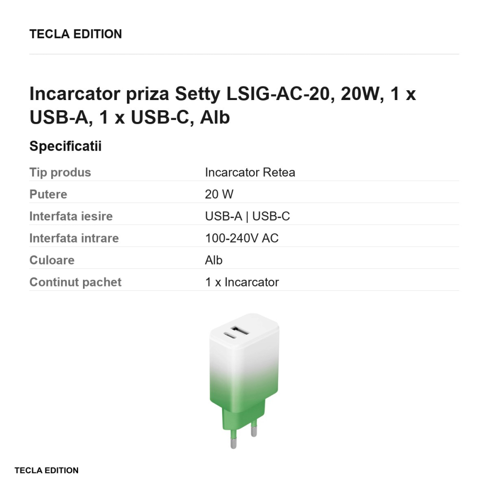 Incarcator priza Setty LSIG-AC-20, 20W, 1 x USB-A, 1 x USB-C, Alb-Mint [3]