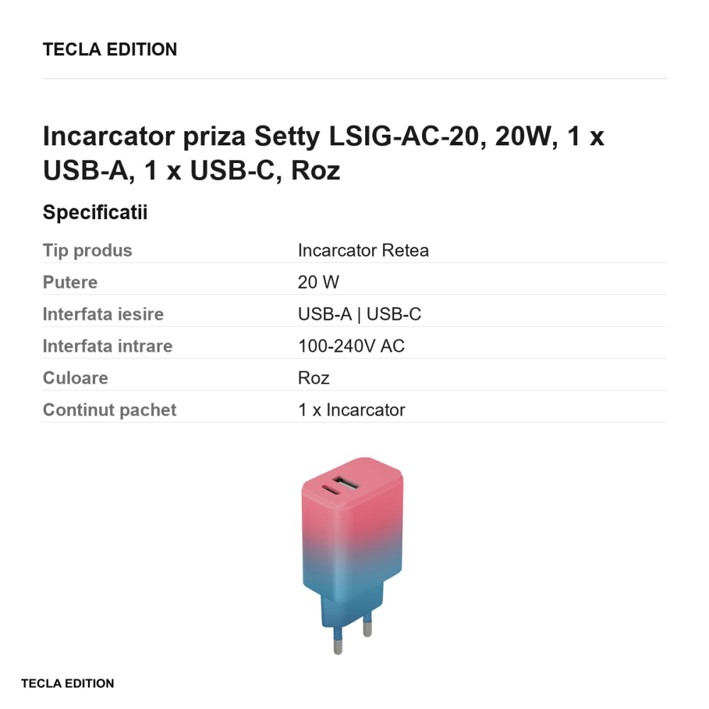 Incarcator priza Setty LSIG-AC-20, 20W, 1 x USB-A, 1 x USB-C, Roz [3]