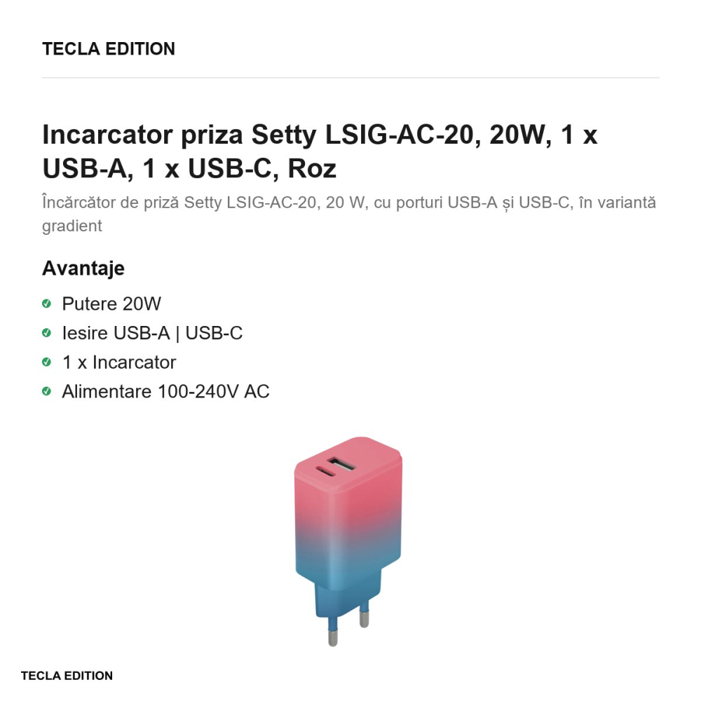 Incarcator priza Setty LSIG-AC-20, 20W, 1 x USB-A, 1 x USB-C, Roz [2]