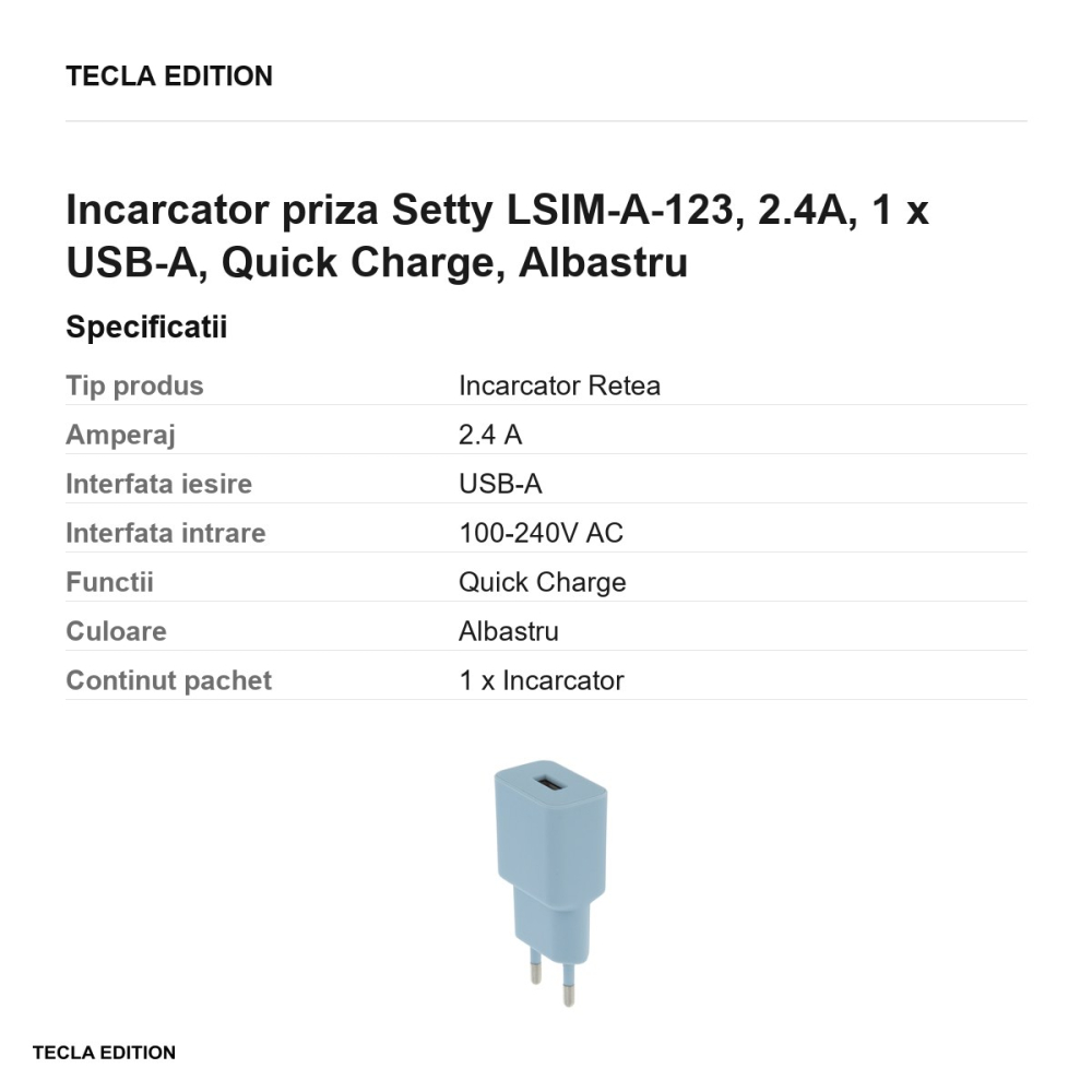 Incarcator priza Setty LSIM-A-123, 2.4A, 1 x USB-A, Quick Charge, Albastru [3]