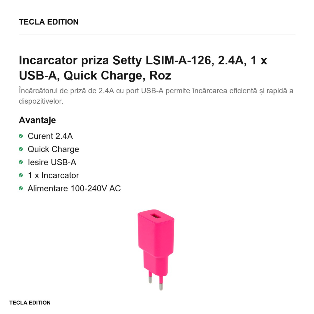 Incarcator priza Setty LSIM-A-126, 2.4A, 1 x USB-A, Quick Charge, Roz [2]