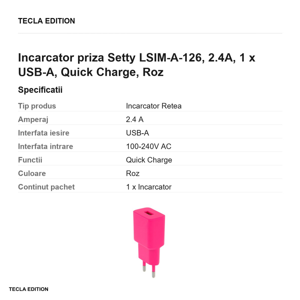 Incarcator priza Setty LSIM-A-126, 2.4A, 1 x USB-A, Quick Charge, Roz [3]
