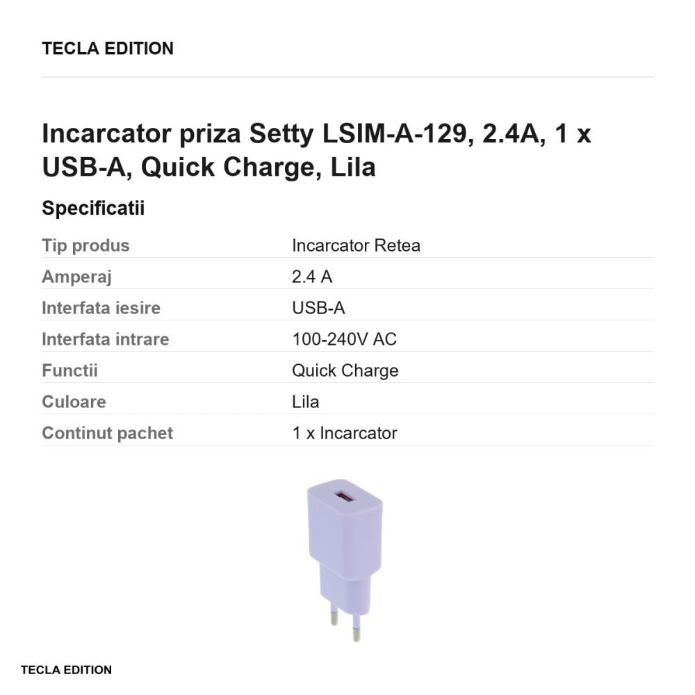 Incarcator priza Setty LSIM-A-129, 2.4A, 1 x USB-A, Quick Charge, Lila [3]