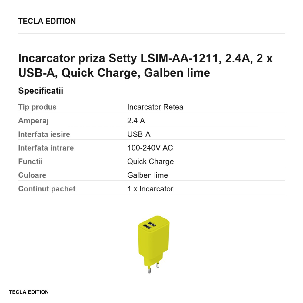 Incarcator priza Setty LSIM-AA-1211, 2.4A, 2 x USB-A, Quick Charge, Galben lime [3]