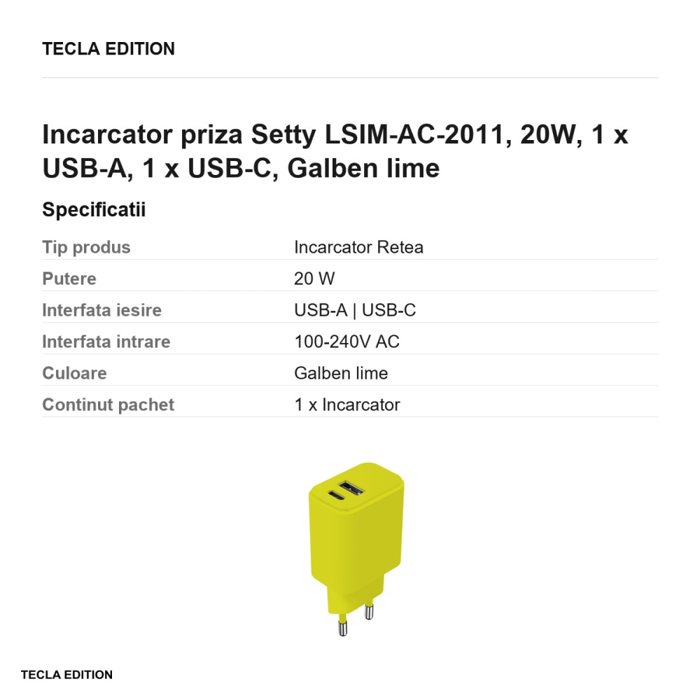 Incarcator priza Setty LSIM-AC-2011, 20W, 1 x USB-A, 1 x USB-C, Galben lime [3]